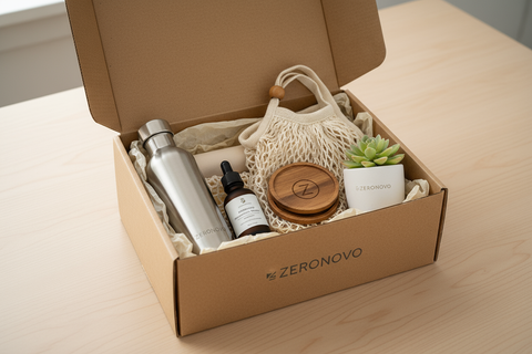 Genera un kit de regalo con nuestros productos zeronovo, que esten en una cajita abierta de color carton. 